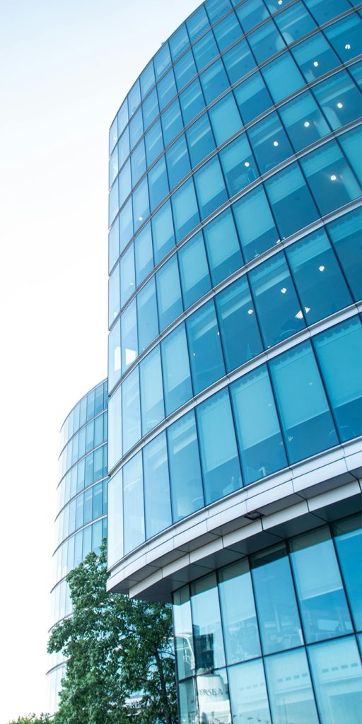 Reflective glass facade of an office building