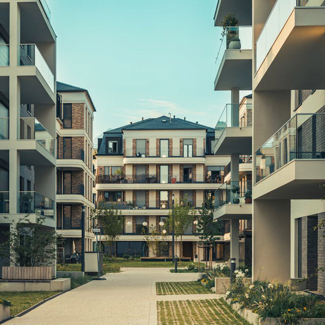 Apartment buildings facing a central courtyard