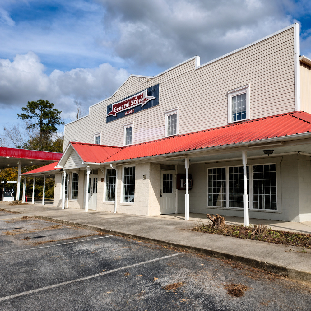 White commercial building with a red awning and covered walkway